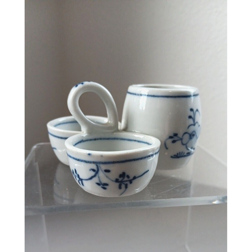 VTG German Blue White Porcelain Condiments Server Trio Handle Delft Style Floral - Picture 4 of 9